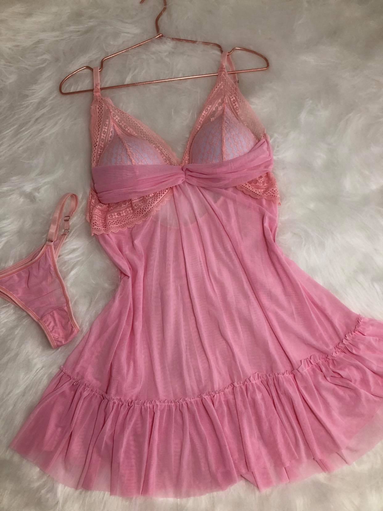 Camisola Romance em Tule com Calcinha Rendinha