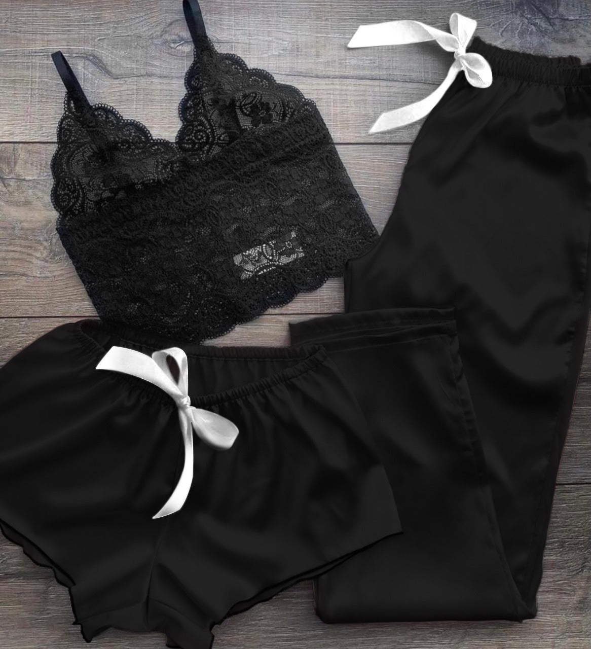 Conjunto Pijama Cetim 3 Peças Preto Maya