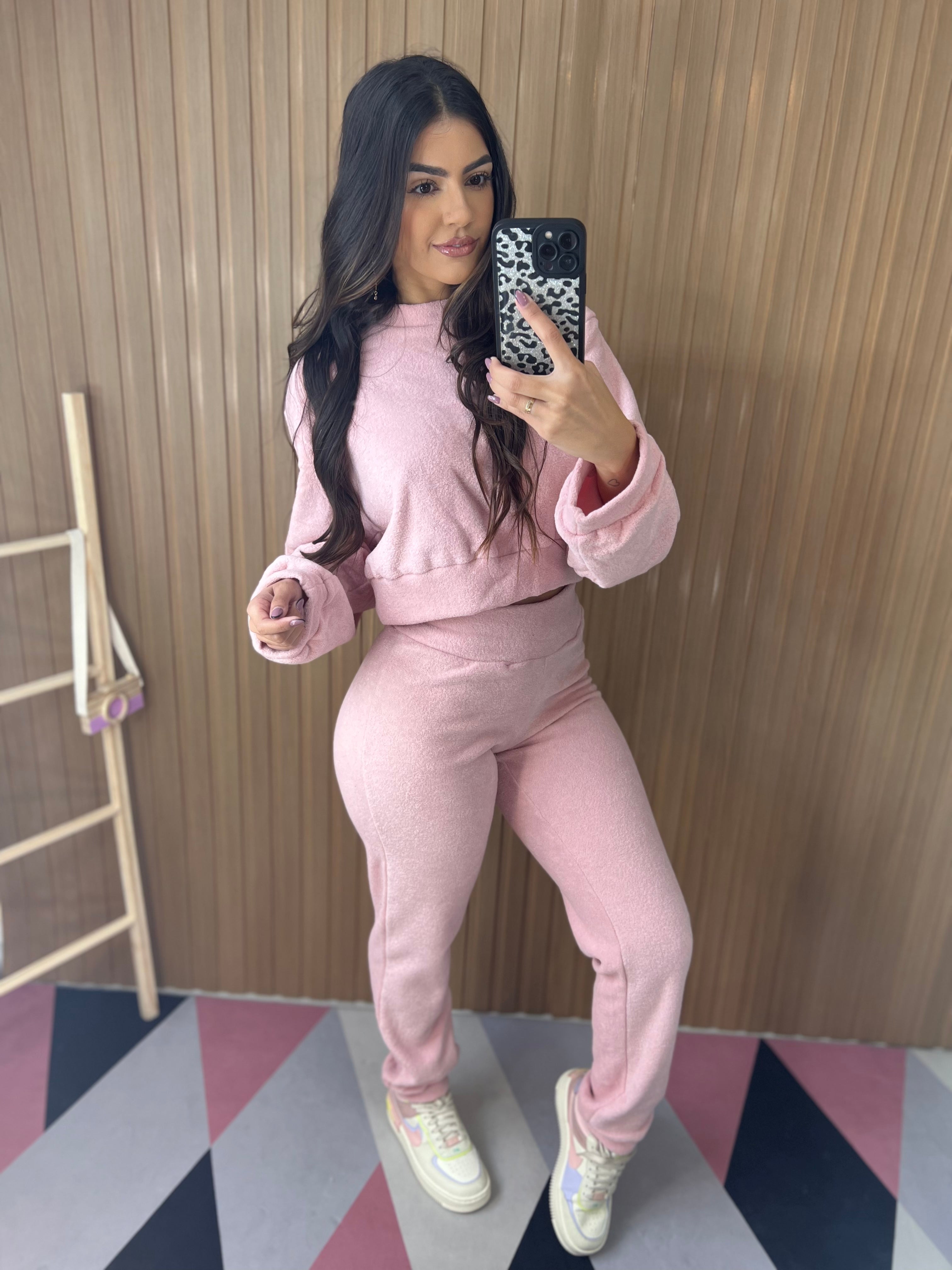 Conjunto Moletom Pelúcia Rosa Claro