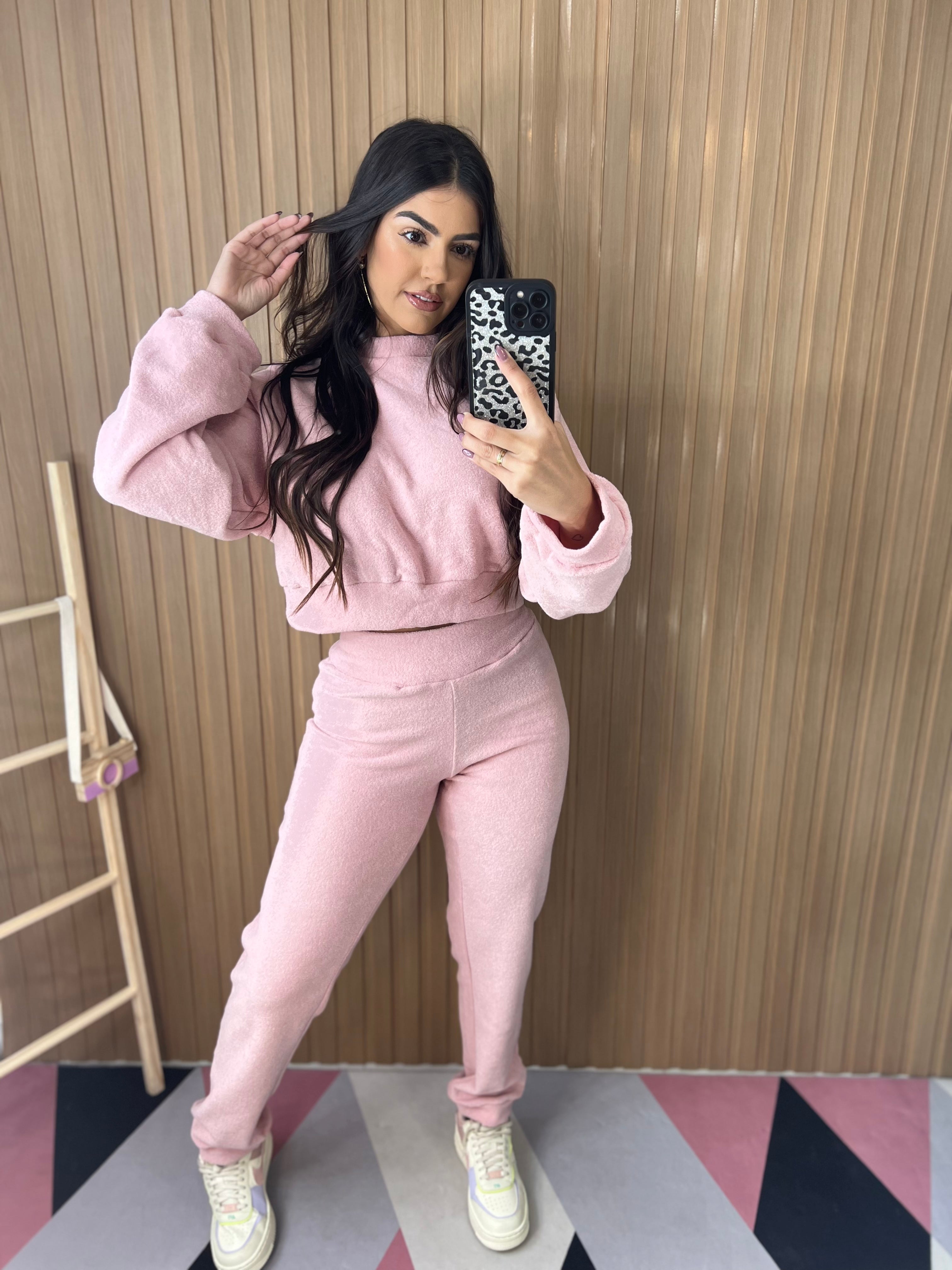 Conjunto Moletom Pelúcia Rosa Claro
