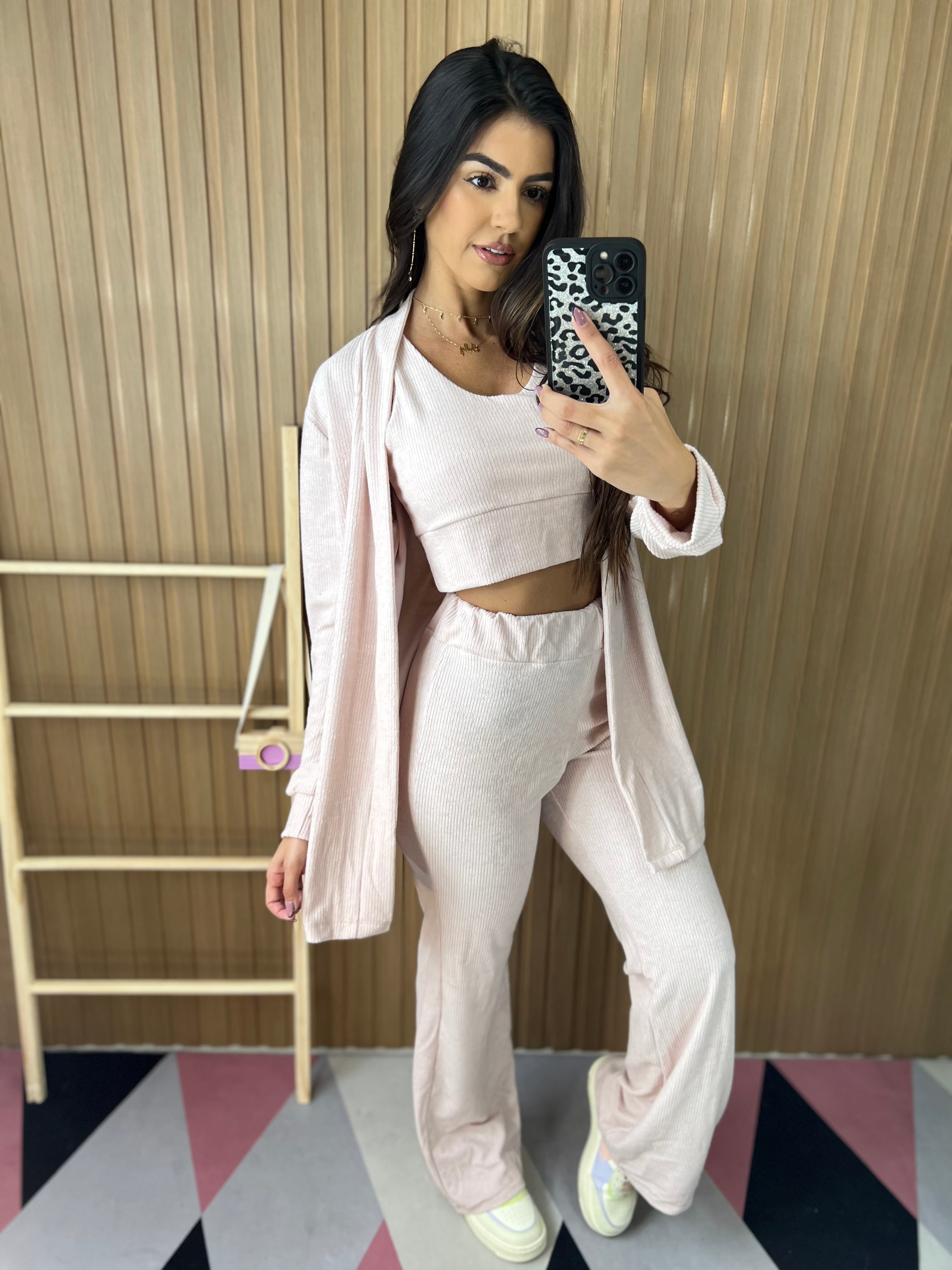 Conjunto Canelado 3 Peças Rosa Claro