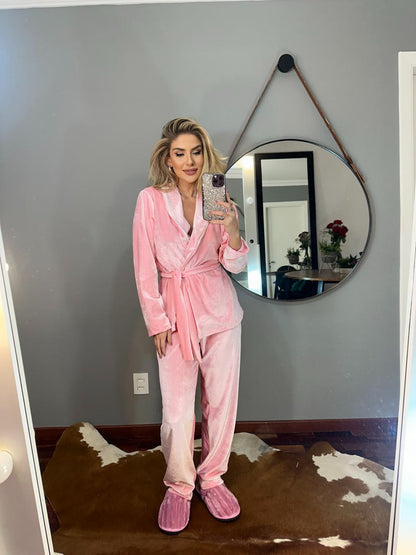 Pijama Velvet Longo Rosa Claro com Faixa e Calça