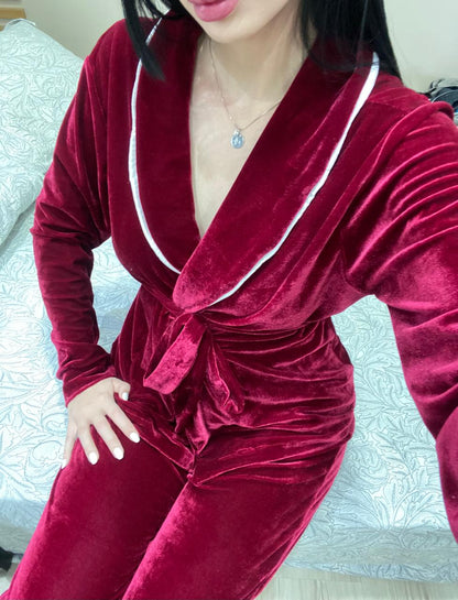 Pijama Velvet Longo Vermelho com Faixa na Cintura