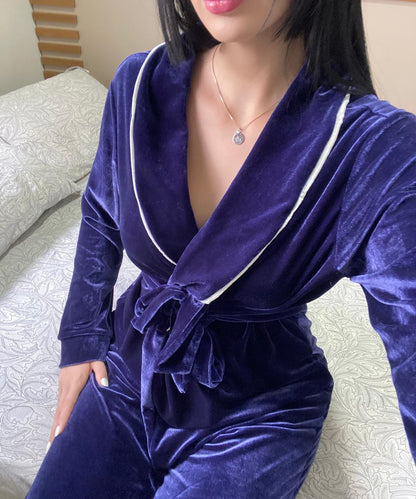 Pijama Velvet Longo Azul Marinho Feminino