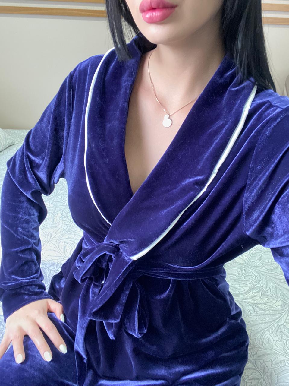 Pijama Velvet Longo Azul Marinho Feminino