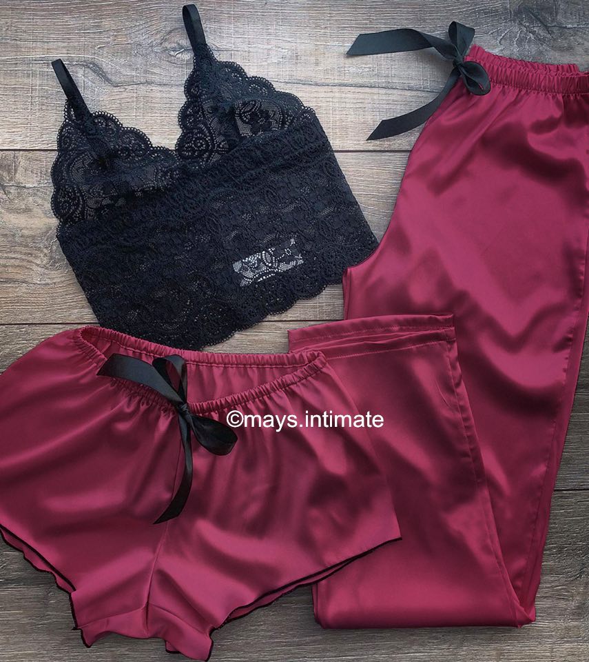 Conjunto Maya Cetim 3 Peças com Top de Renda