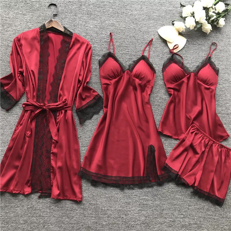 Conjunto Pijama de Cetim 4 Peças com Renda