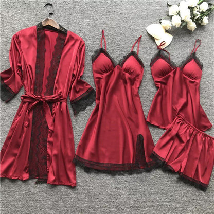 Conjunto Pijama de Cetim 4 Peças com Renda