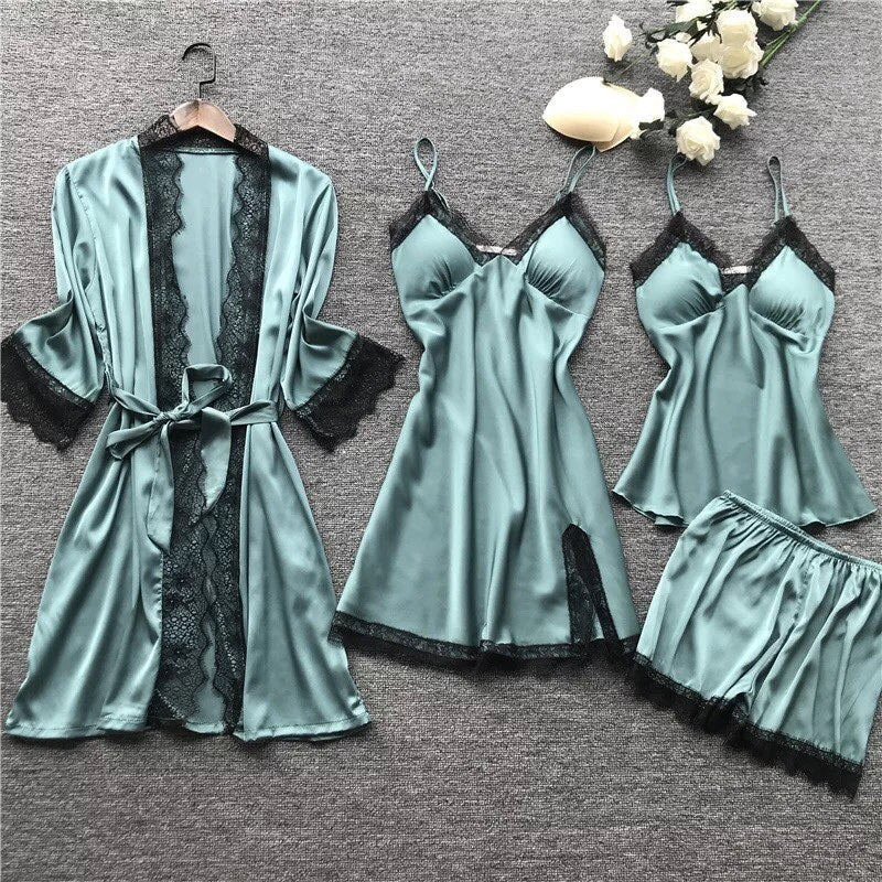 Conjunto Pijama Cetim 4 Peças