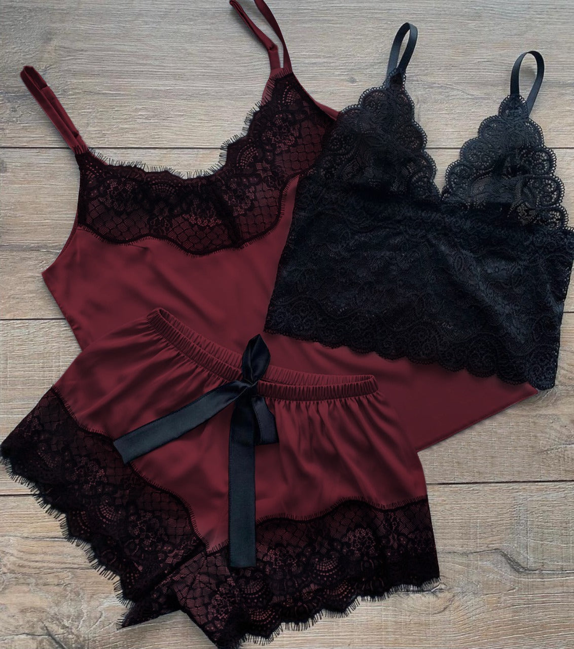 Conjunto Chloe Cetim 3 Peças com Renda