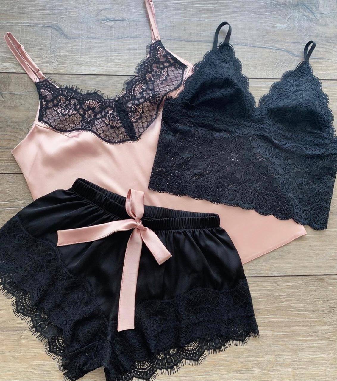 Conjunto Chloe Cetim 3 Peças com Renda