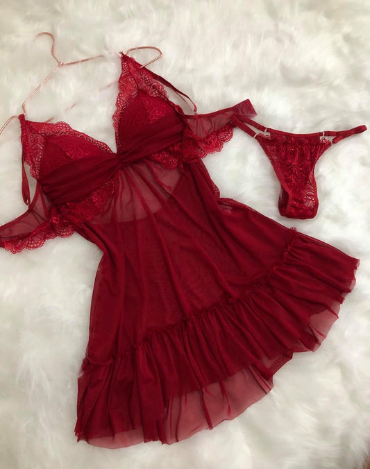 Camisola Romance em Tule com Calcinha Rendinha