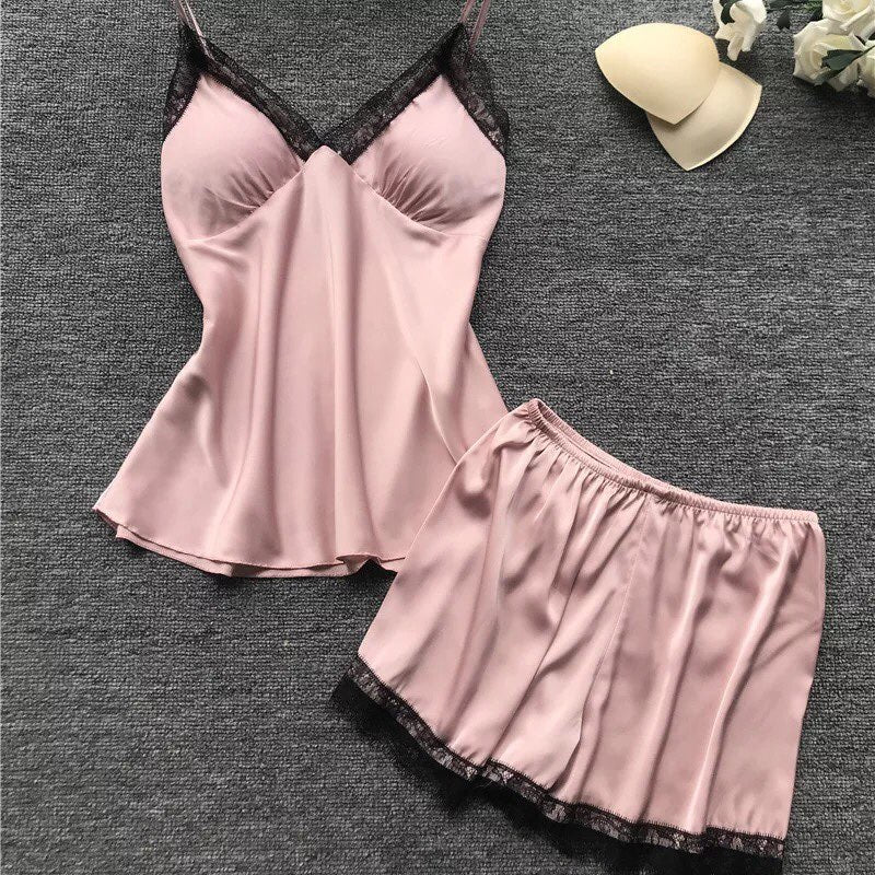Conjunto Pijama de Cetim 4 Peças com Renda