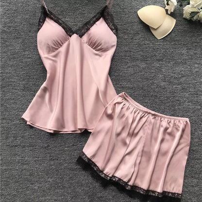 Conjunto Pijama de Cetim 4 Peças com Renda