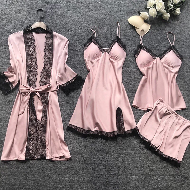 Conjunto Pijama de Cetim 4 Peças com Renda