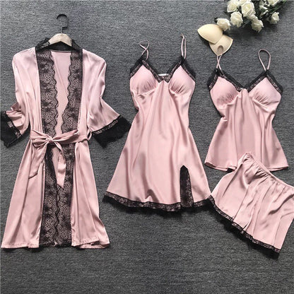 Conjunto Pijama de Cetim 4 Peças com Renda