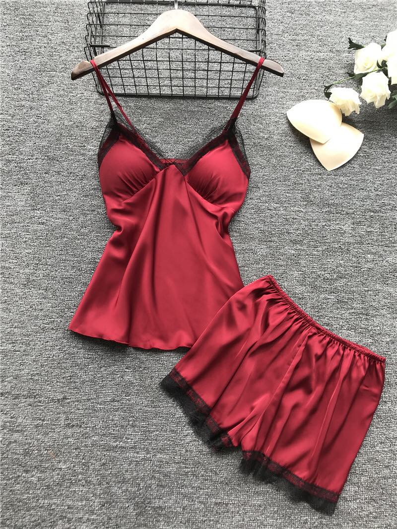 Conjunto Pijama de Cetim 4 Peças com Renda