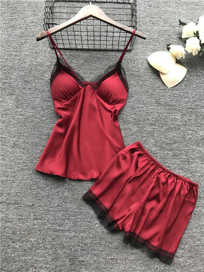 Conjunto Pijama de Cetim 4 Peças com Renda