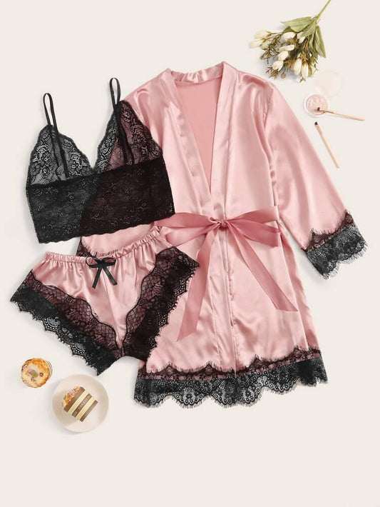 Conjunto Lingerie Cetim Grace 4 Peças com Robe e Renda