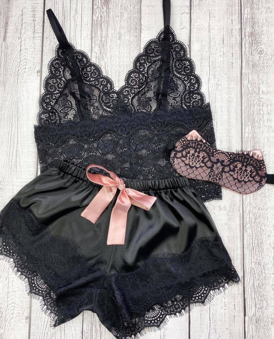 Babydoll Sophia Cetim com Renda Preto