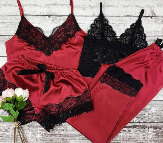 Conjunto Pijama Kiara 4 Peças Cetim Vermelho com Renda