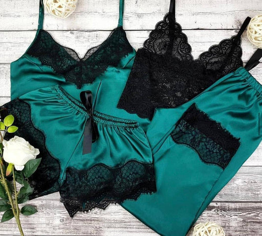 Conjunto Pijama Cetim Verde Escuro Kiara 4 Peças