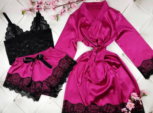 Conjunto Lingerie Cetim Pink com Robe Grace 4 Peças