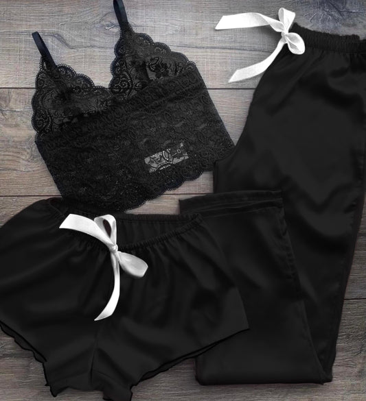 Conjunto Pijama Cetim 3 Peças Preto Maya