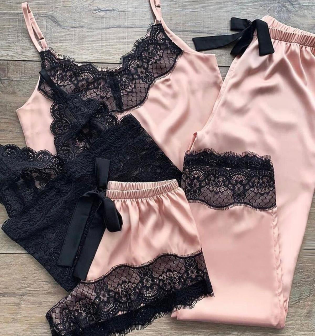 Conjunto Pijama Cetim Kiara 4 Peças Rosa Claro com Renda