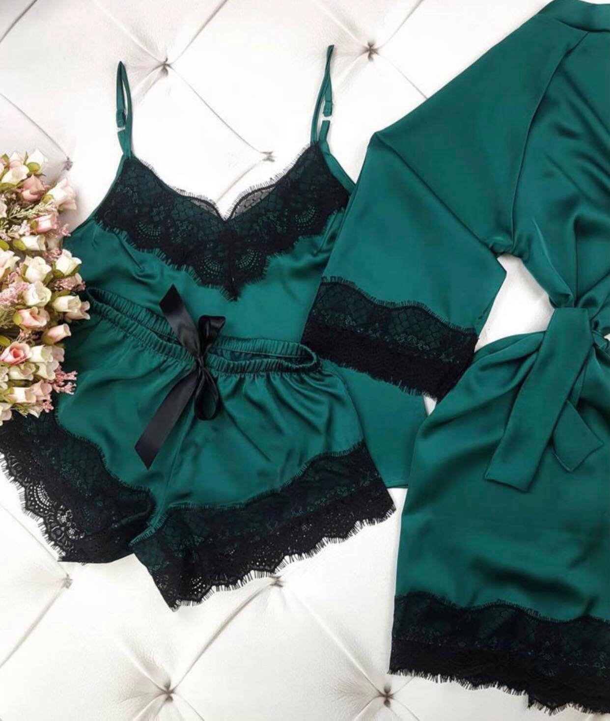 Conjunto Aurora Cetim Verde Escuro 3 Peças
