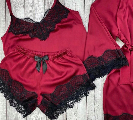 Conjunto Aurora Cetim Vermelho com Renda 3 Peças