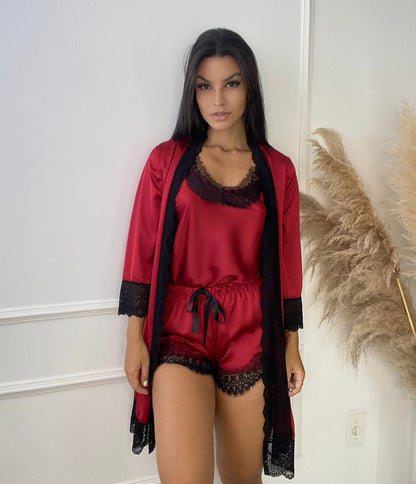 Conjunto Aurora Cetim Vermelho com Renda 3 Peças
