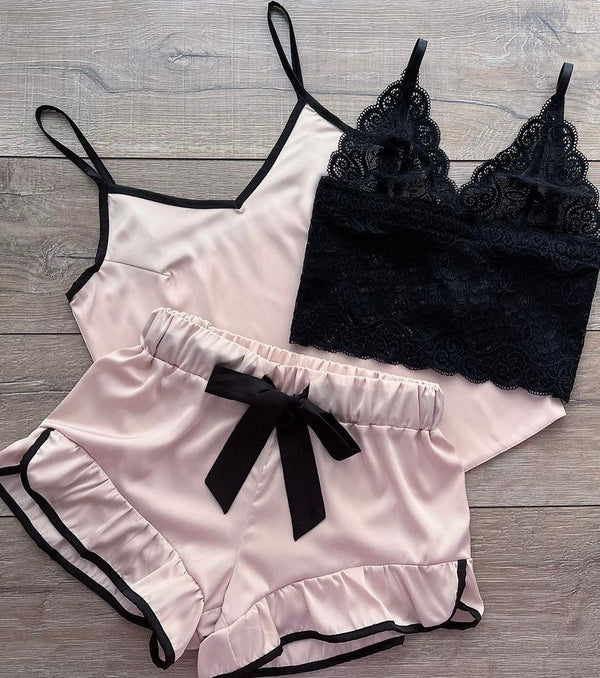 Conjunto Anna Cetim Rosa com Preto