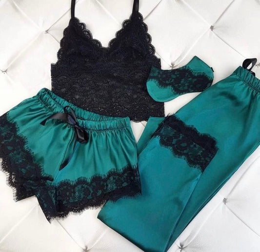 Conjunto Maddy Cetim Verde Escuro com Renda 3 Peças