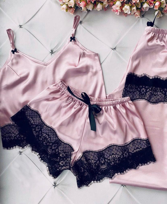 Conjunto Isadora Cetim 3 Peças Rosa com Renda