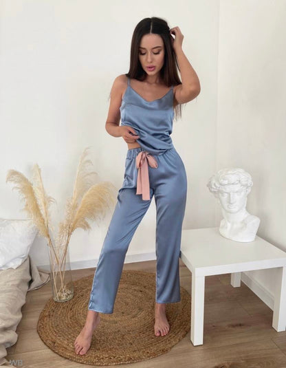 Pijama Cetim Azul Candy Isabela com Calça e Regata