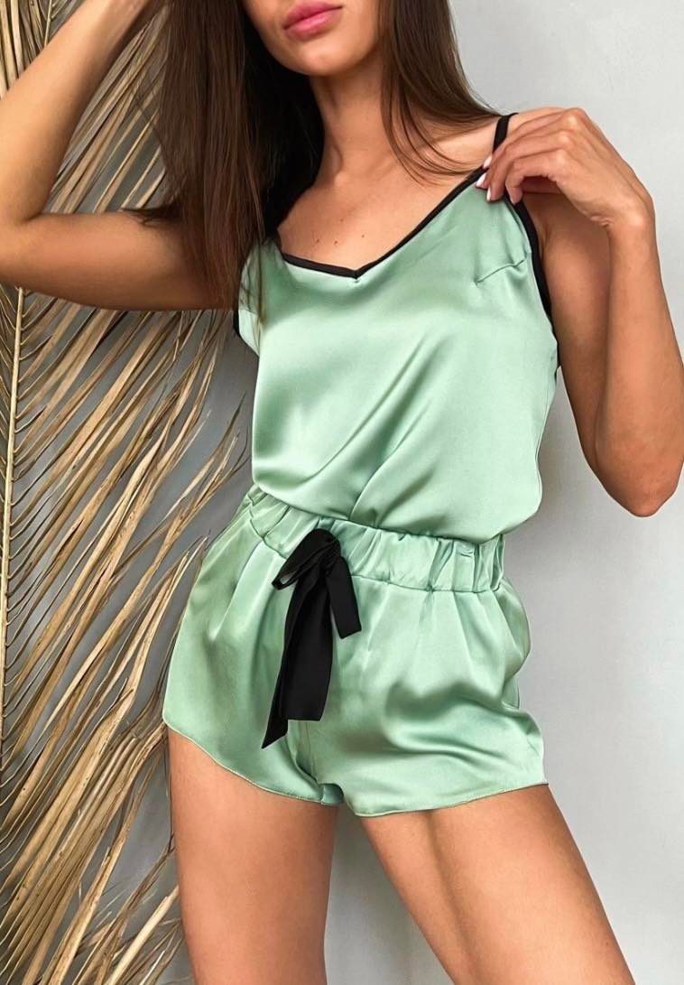 Conjunto Babydoll Mia Verde Água em Cetim de Seda Gloss