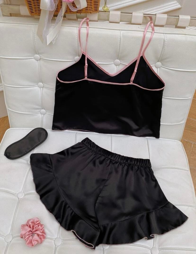 Conjunto Pijama Cetim Stella Preto com Rosa