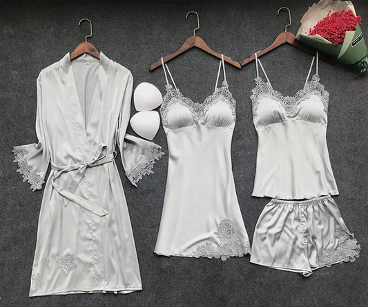 Conjunto Pijama Cetim 4 Peças Branco com Renda