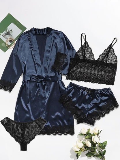 Conjunto Lingerie Cetim Grace 4 Peças com Robe e Renda