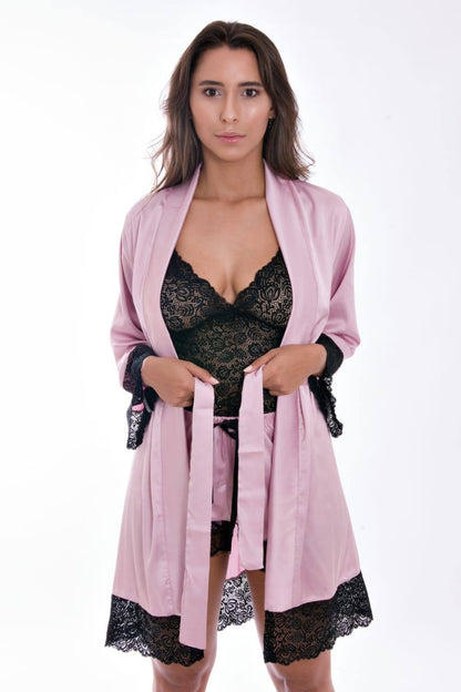 Conjunto Lingerie Cetim Grace 4 Peças com Robe e Renda