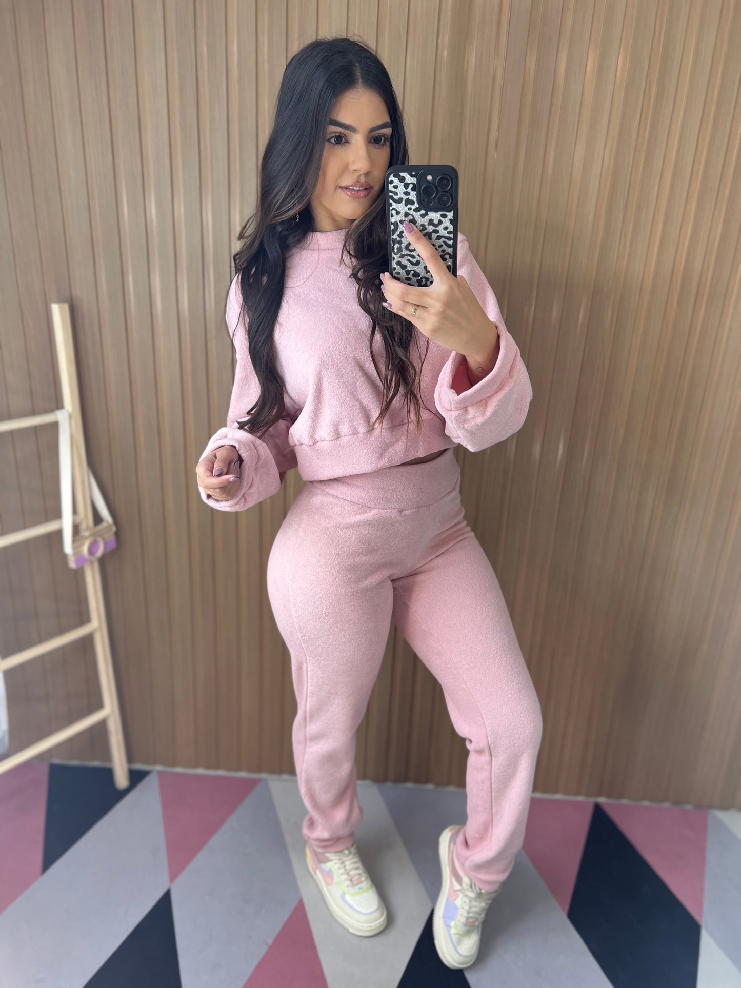 Conjunto Moletom Plush Peluciado Rosa Claro