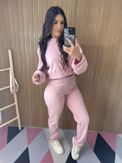 Conjunto Moletom Plush Peluciado Rosa Claro
