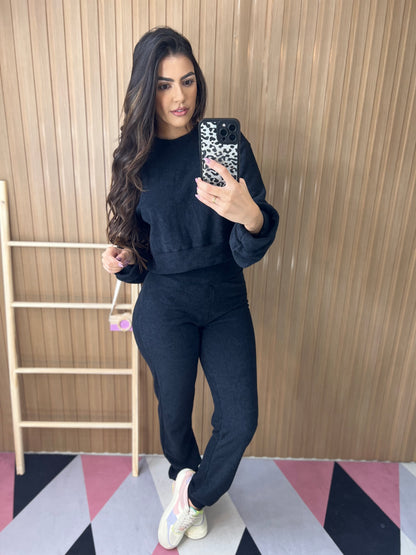 Conjunto Moletom Plush Peluciado Preto Feminino