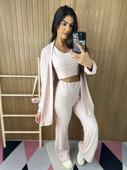 Conjunto Canelado 3 Peças Rosa Claro Flare