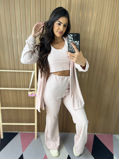 Conjunto Canelado 3 Peças Rosa Claro Flare