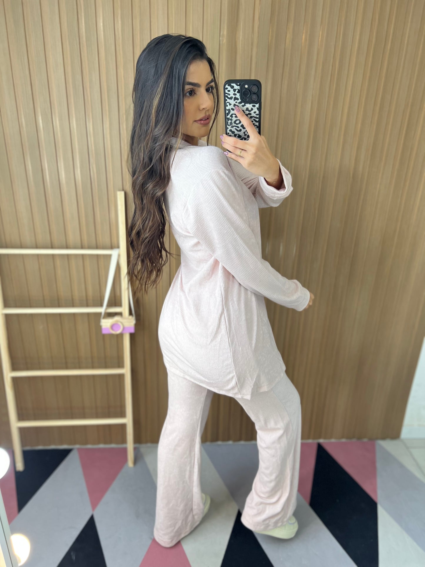 Conjunto Canelado 3 Peças Rosa Claro Flare