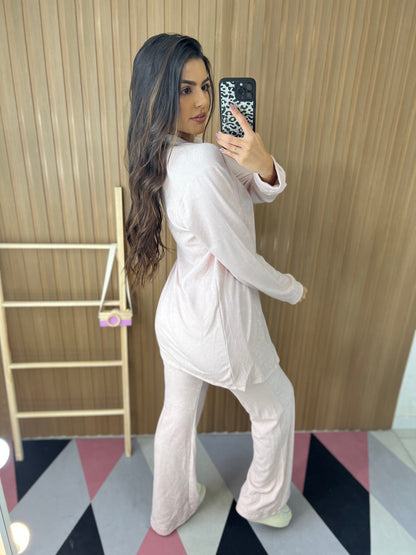 Conjunto Canelado 3 Peças Rosa Claro Flare