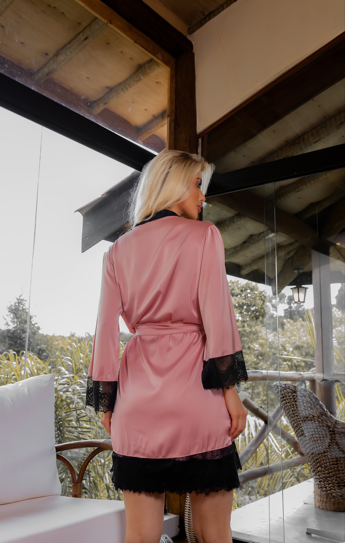 Conjunto Pijama de Cetim 4 Peças com Renda