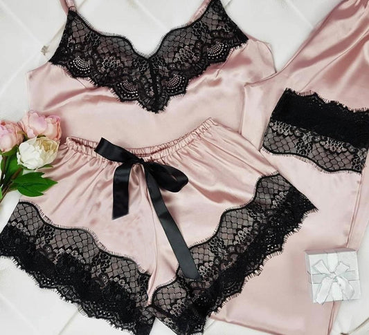 Conjunto Pijama Cetim Kiara 4 Peças Rosa Claro com Renda